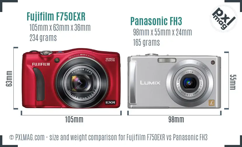 Fujifilm F750EXR vs Panasonic FH3 size comparison