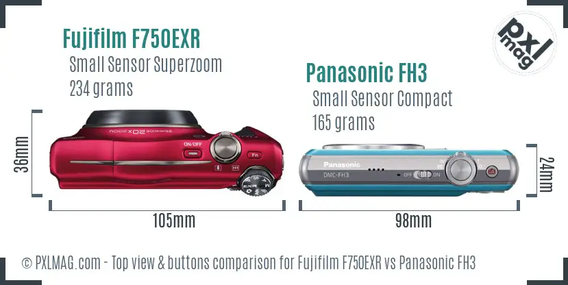 Fujifilm F750EXR vs Panasonic FH3 top view buttons comparison