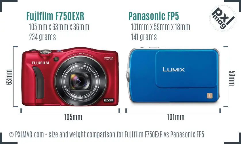 Fujifilm F750EXR vs Panasonic FP5 size comparison