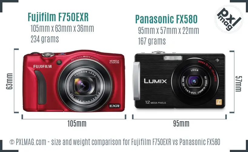 Fujifilm F750EXR vs Panasonic FX580 size comparison