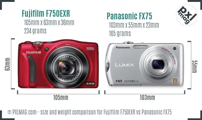 Fujifilm F750EXR vs Panasonic FX75 size comparison Fujifilm F750EXR vs Panasonic FX75 size comparison