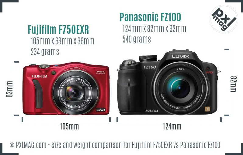 Fujifilm F750EXR vs Panasonic FZ100 size comparison Fujifilm F750EXR vs Panasonic FZ100 size comparison