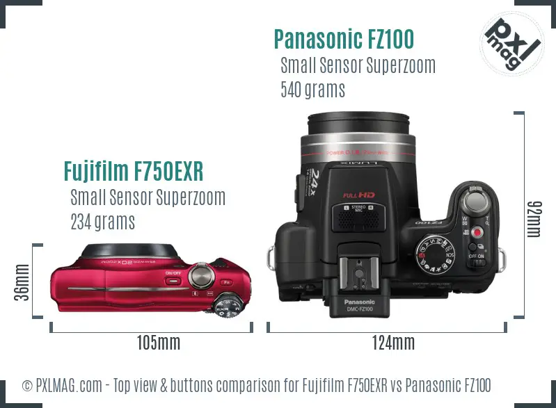 Fujifilm F750EXR vs Panasonic FZ100 top view buttons comparison Fujifilm F750EXR vs Panasonic FZ100 top view buttons comparison