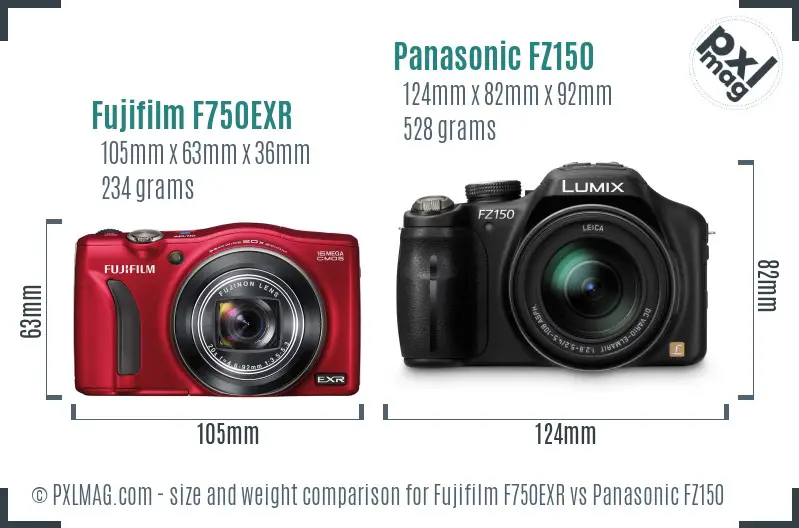 Fujifilm F750EXR vs Panasonic FZ150 size comparison