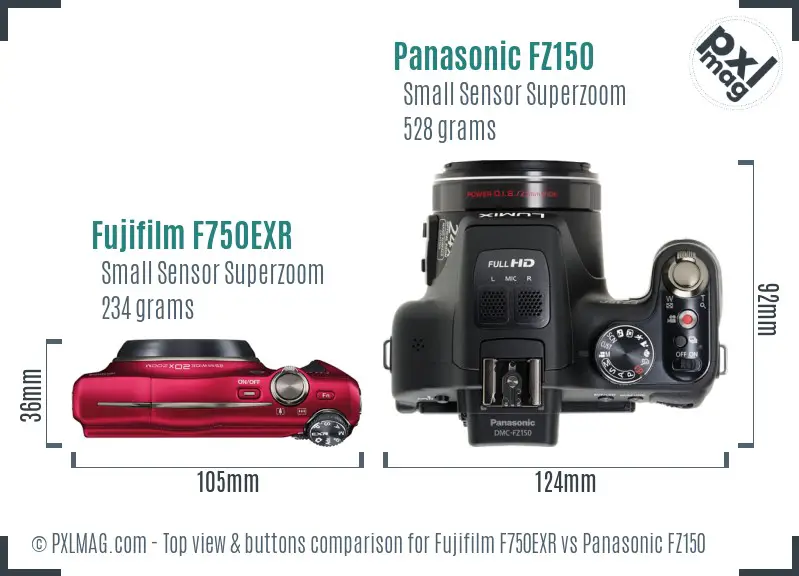 Fujifilm F750EXR vs Panasonic FZ150 top view buttons comparison