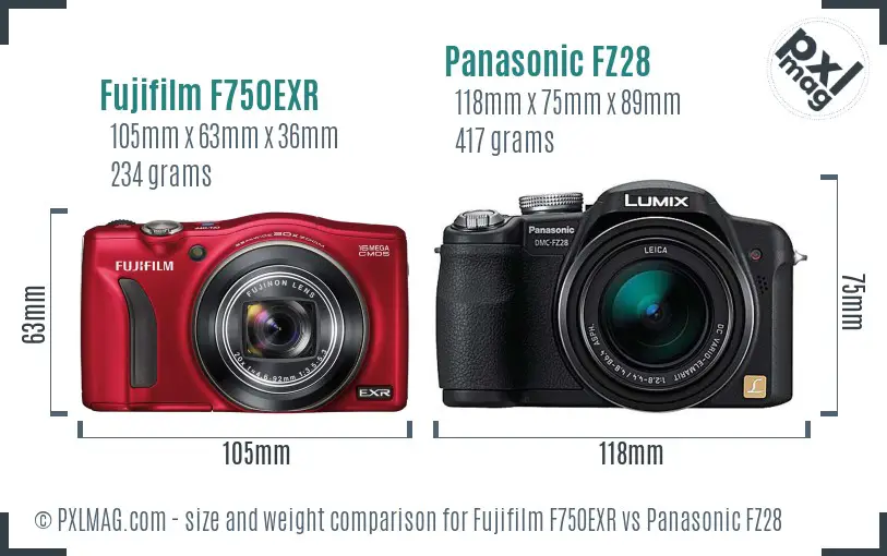 Fujifilm F750EXR vs Panasonic FZ28 size comparison