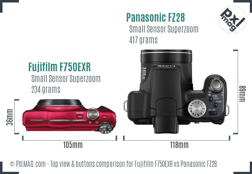 Fujifilm F750EXR vs Panasonic FZ28 top view buttons comparison