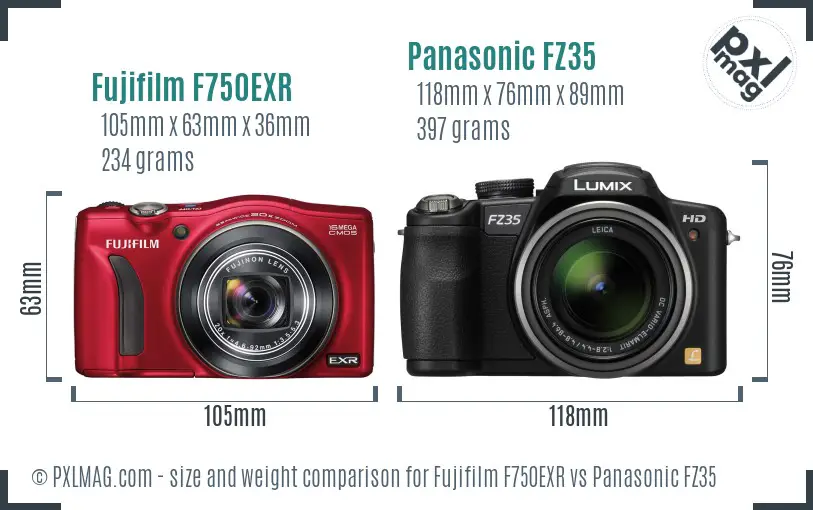 Fujifilm F750EXR vs Panasonic FZ35 size comparison