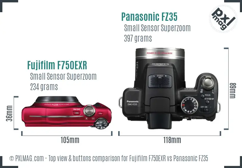 Fujifilm F750EXR vs Panasonic FZ35 top view buttons comparison