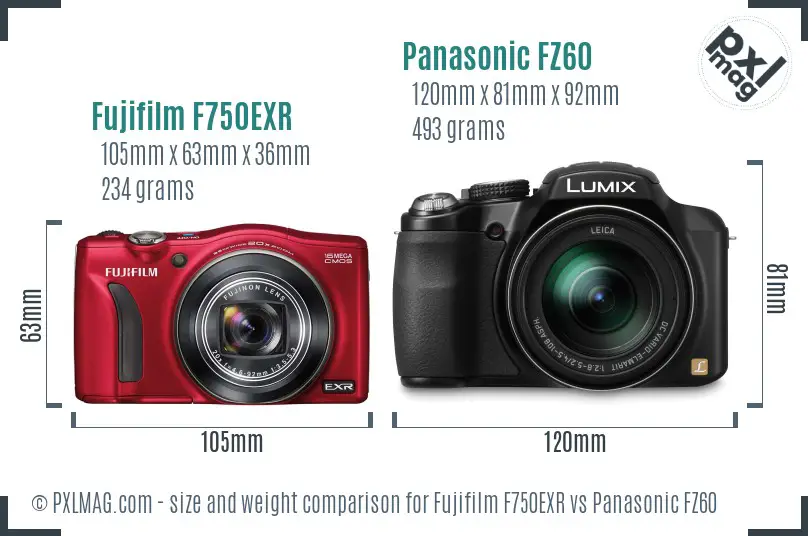 Fujifilm F750EXR vs Panasonic FZ60 size comparison