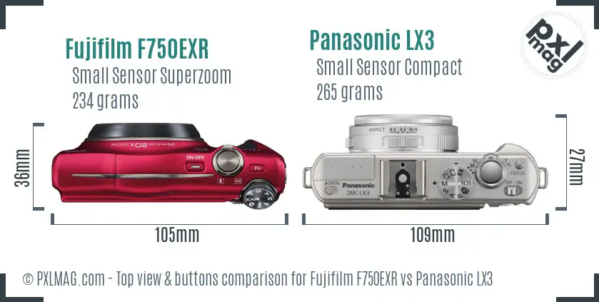 Fujifilm F750EXR vs Panasonic LX3 top view buttons comparison Fujifilm F750EXR vs Panasonic LX3 top view buttons comparison