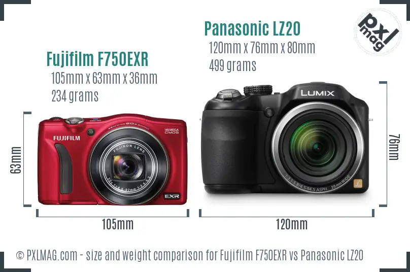 Fujifilm F750EXR vs Panasonic LZ20 size comparison