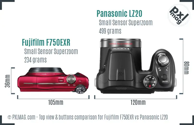 Fujifilm F750EXR vs Panasonic LZ20 top view buttons comparison