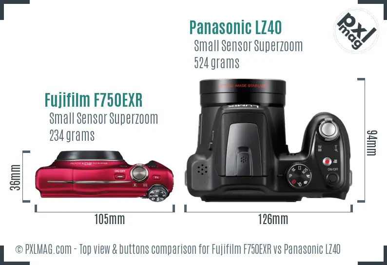 Fujifilm F750EXR vs Panasonic LZ40 top view buttons comparison