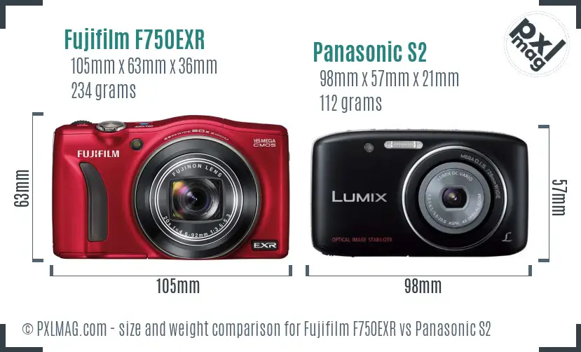 Fujifilm F750EXR vs Panasonic S2 size comparison