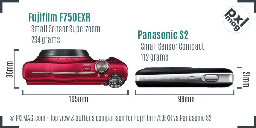 Fujifilm F750EXR vs Panasonic S2 top view buttons comparison