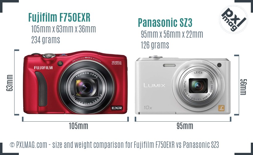 Fujifilm F750EXR vs Panasonic SZ3 size comparison