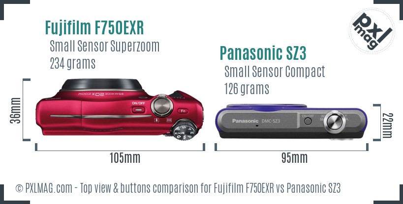 Fujifilm F750EXR vs Panasonic SZ3 top view buttons comparison