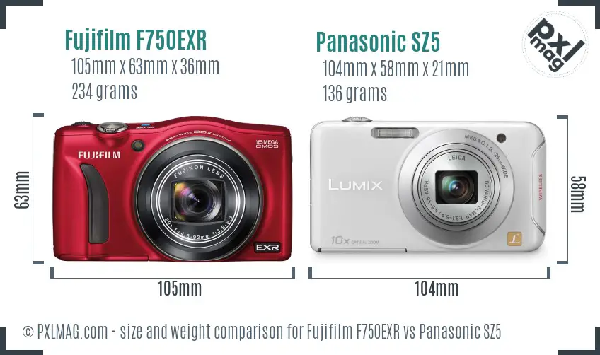 Fujifilm F750EXR vs Panasonic SZ5 size comparison