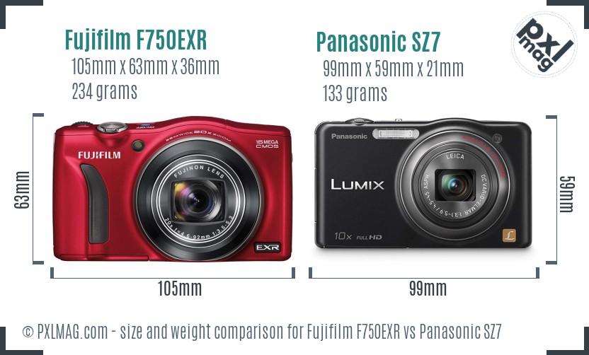 Fujifilm F750EXR vs Panasonic SZ7 size comparison