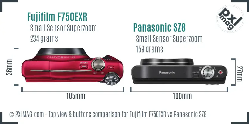 Fujifilm F750EXR vs Panasonic SZ8 top view buttons comparison Fujifilm F750EXR vs Panasonic SZ8 top view buttons comparison