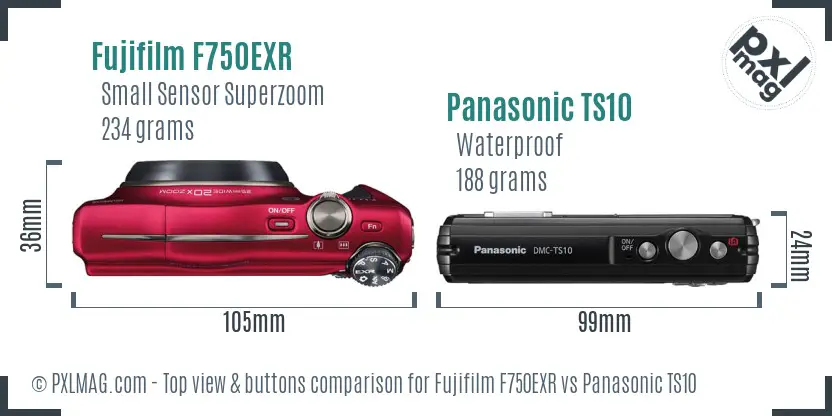 Fujifilm F750EXR vs Panasonic TS10 top view buttons comparison Fujifilm F750EXR vs Panasonic TS10 top view buttons comparison
