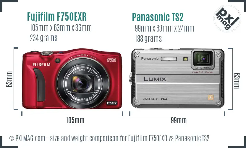 Fujifilm F750EXR vs Panasonic TS2 size comparison