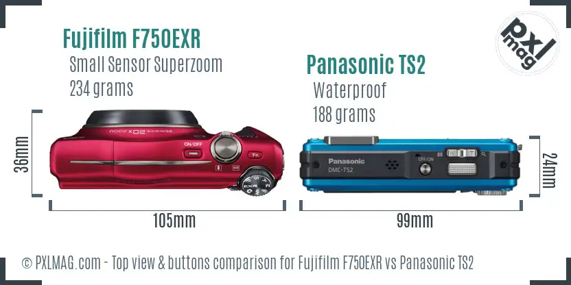 Fujifilm F750EXR vs Panasonic TS2 top view buttons comparison