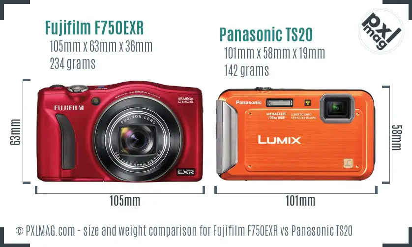 Fujifilm F750EXR vs Panasonic TS20 size comparison