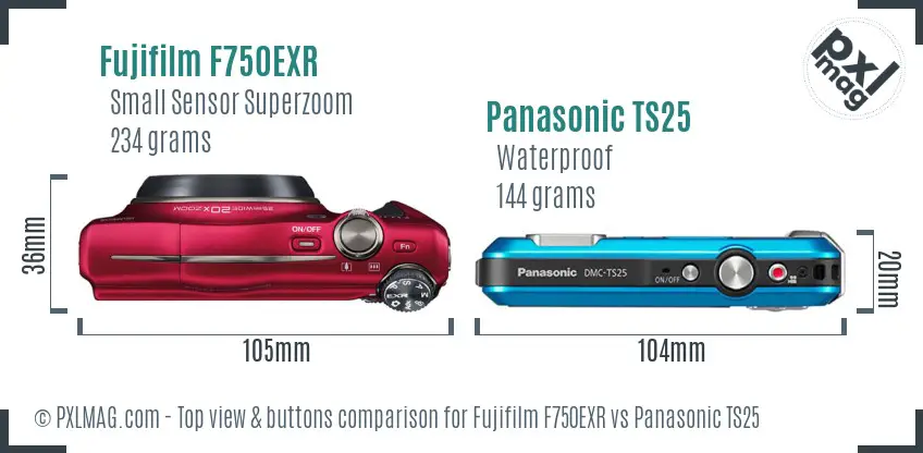 Fujifilm F750EXR vs Panasonic TS25 top view buttons comparison Fujifilm F750EXR vs Panasonic TS25 top view buttons comparison