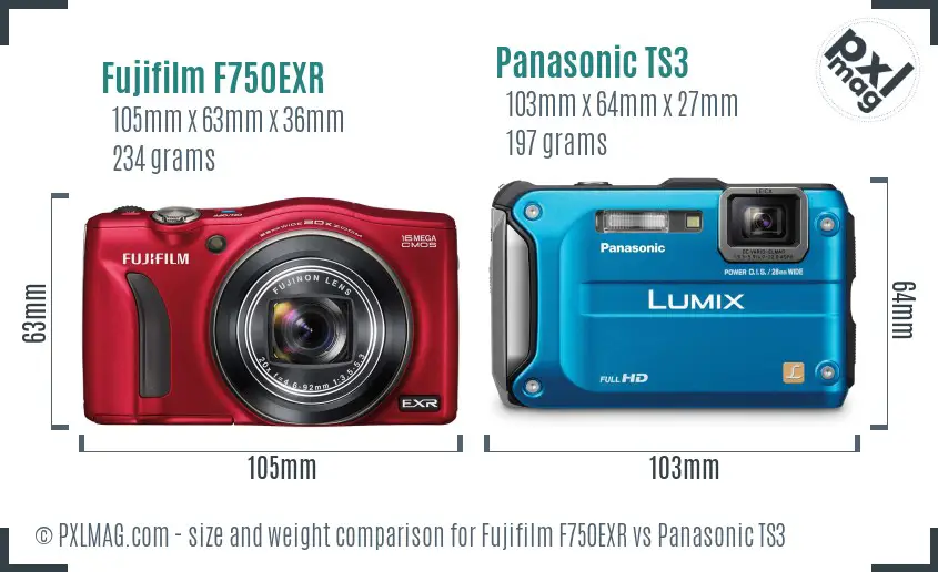 Fujifilm F750EXR vs Panasonic TS3 size comparison