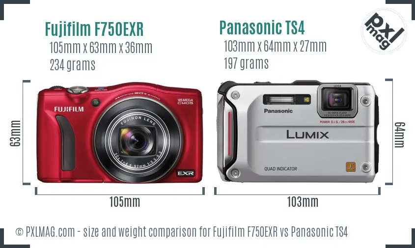 Fujifilm F750EXR vs Panasonic TS4 size comparison