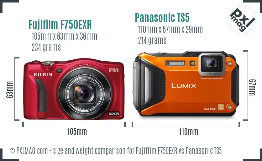 Fujifilm F750EXR vs Panasonic TS5 size comparison