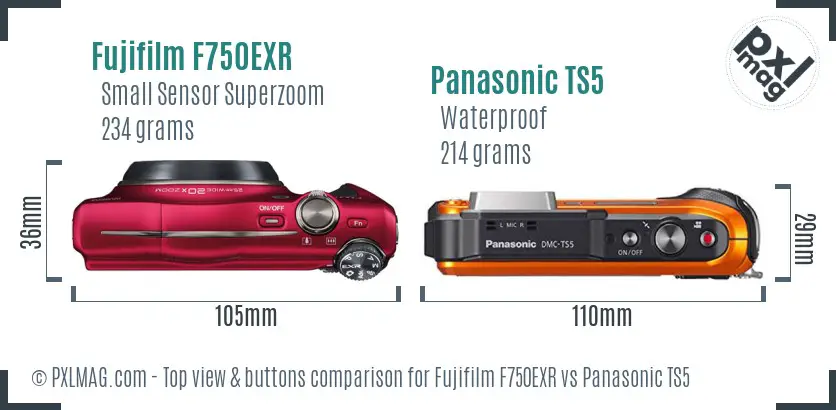 Fujifilm F750EXR vs Panasonic TS5 top view buttons comparison