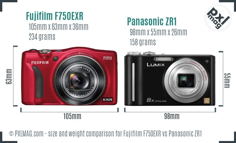 Fujifilm F750EXR vs Panasonic ZR1 size comparison