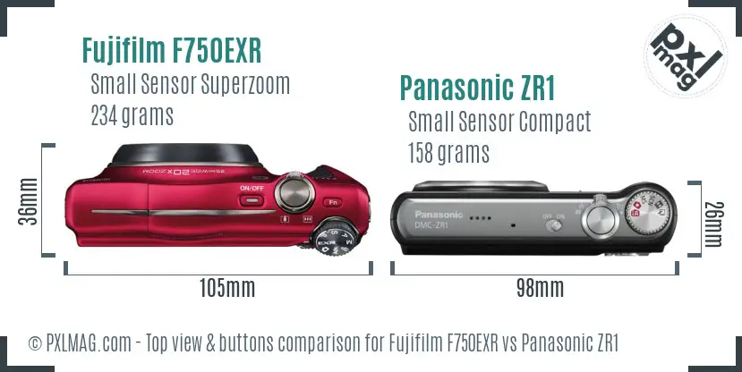 Fujifilm F750EXR vs Panasonic ZR1 top view buttons comparison
