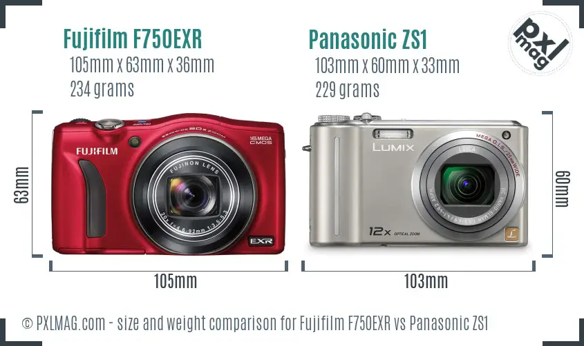 Fujifilm F750EXR vs Panasonic ZS1 size comparison