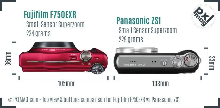 Fujifilm F750EXR vs Panasonic ZS1 top view buttons comparison