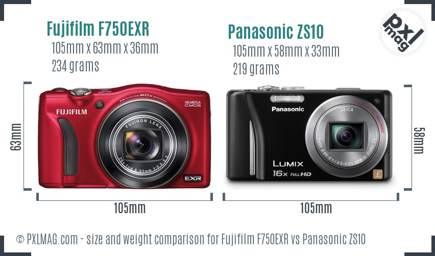 Fujifilm F750EXR vs Panasonic ZS10 size comparison