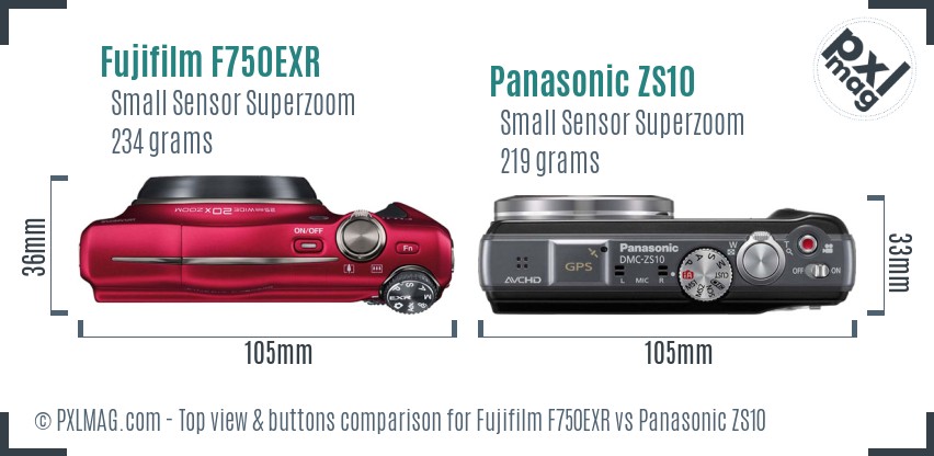 Fujifilm F750EXR vs Panasonic ZS10 top view buttons comparison