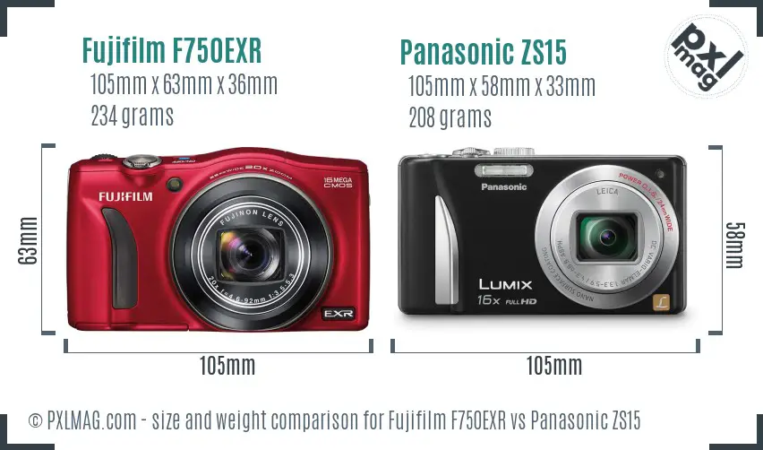 Fujifilm F750EXR vs Panasonic ZS15 size comparison