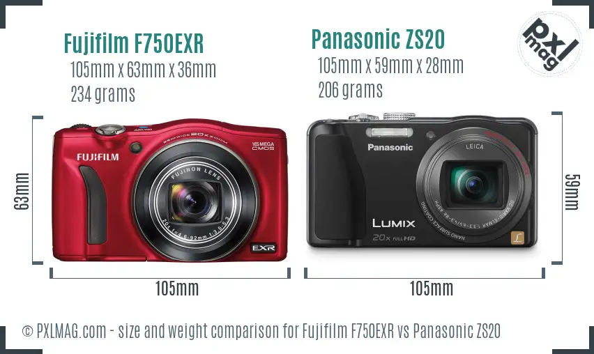 Fujifilm F750EXR vs Panasonic ZS20 size comparison