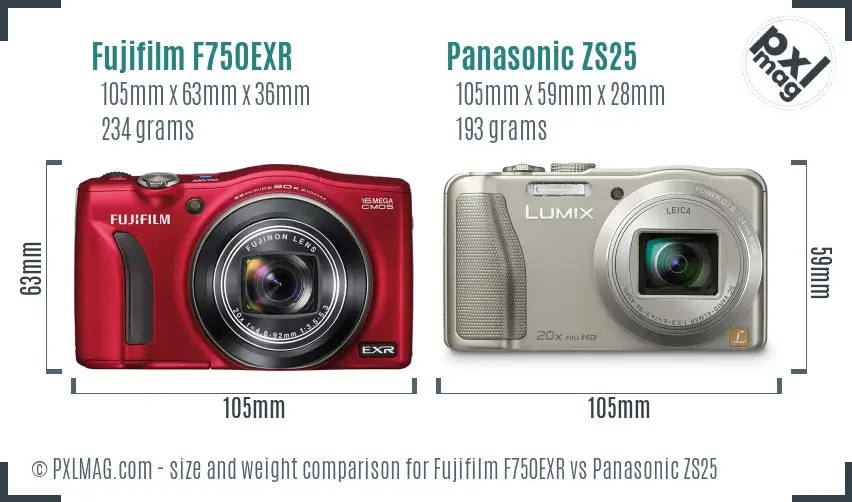 Fujifilm F750EXR vs Panasonic ZS25 size comparison