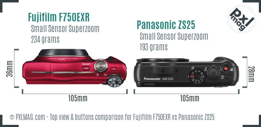 Fujifilm F750EXR vs Panasonic ZS25 top view buttons comparison