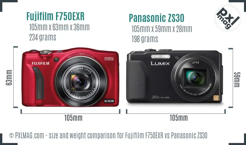 Fujifilm F750EXR vs Panasonic ZS30 size comparison