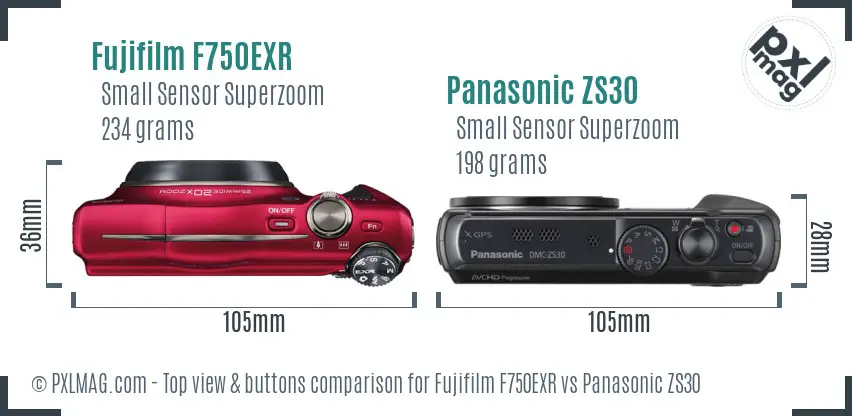 Fujifilm F750EXR vs Panasonic ZS30 top view buttons comparison