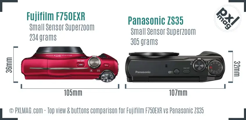 Fujifilm F750EXR vs Panasonic ZS35 top view buttons comparison Fujifilm F750EXR vs Panasonic ZS35 top view buttons comparison