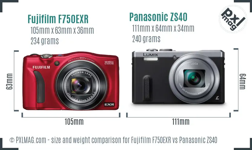 Fujifilm F750EXR vs Panasonic ZS40 size comparison