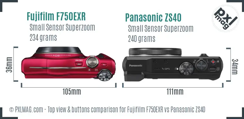 Fujifilm F750EXR vs Panasonic ZS40 top view buttons comparison