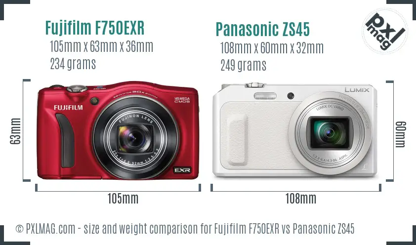 Fujifilm F750EXR vs Panasonic ZS45 size comparison